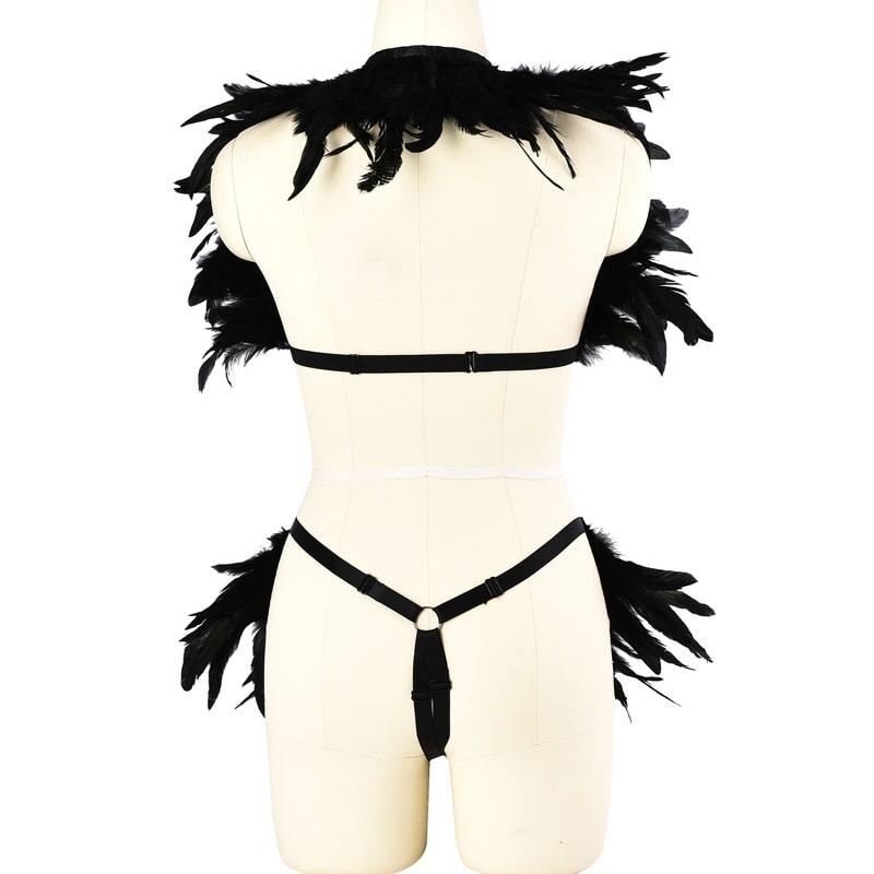 Ladies Feather Wholesale Black Strappy Lingerie Set Back View