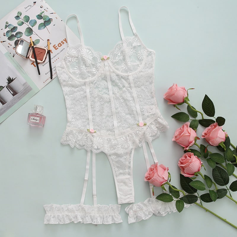 White Lace Ruffled Bridal Lingerie Set Over View