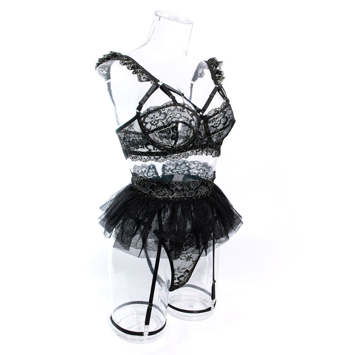 Wholesale Black Floral Lace Underwire Lingerie Set Side View