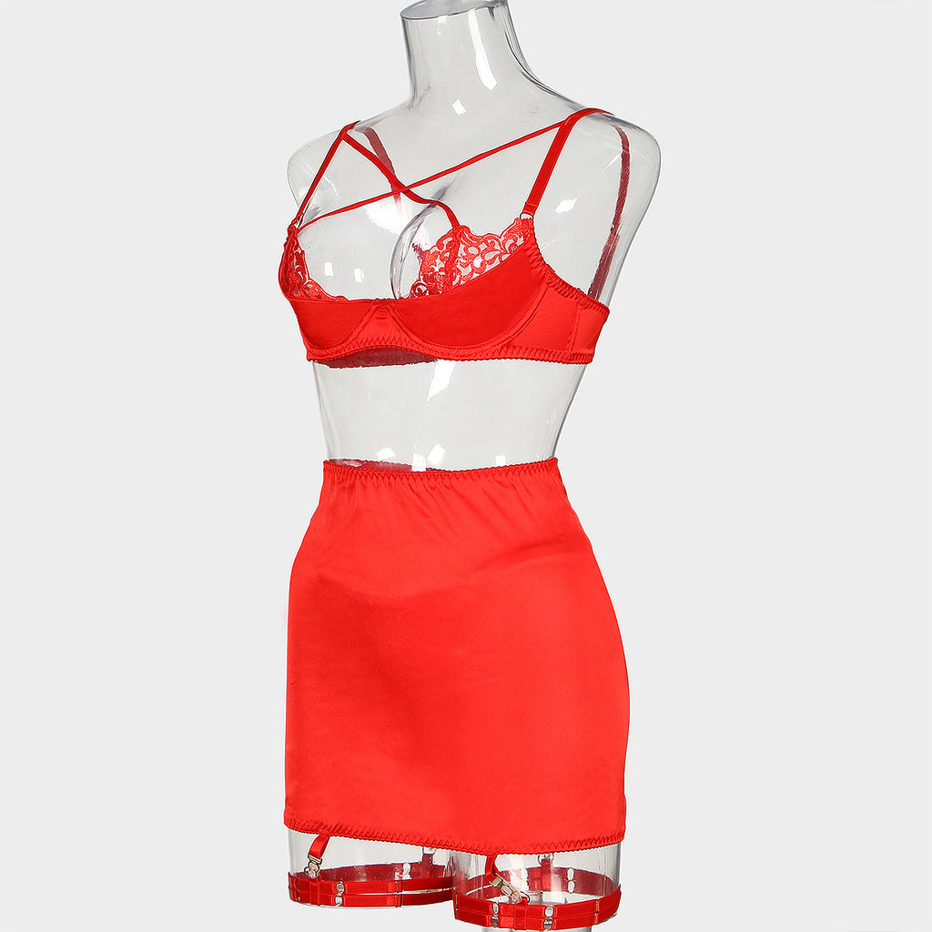 Wholesale Elegant Four-Piece Lingerie Set with Hip-Covering Skirt Side View
