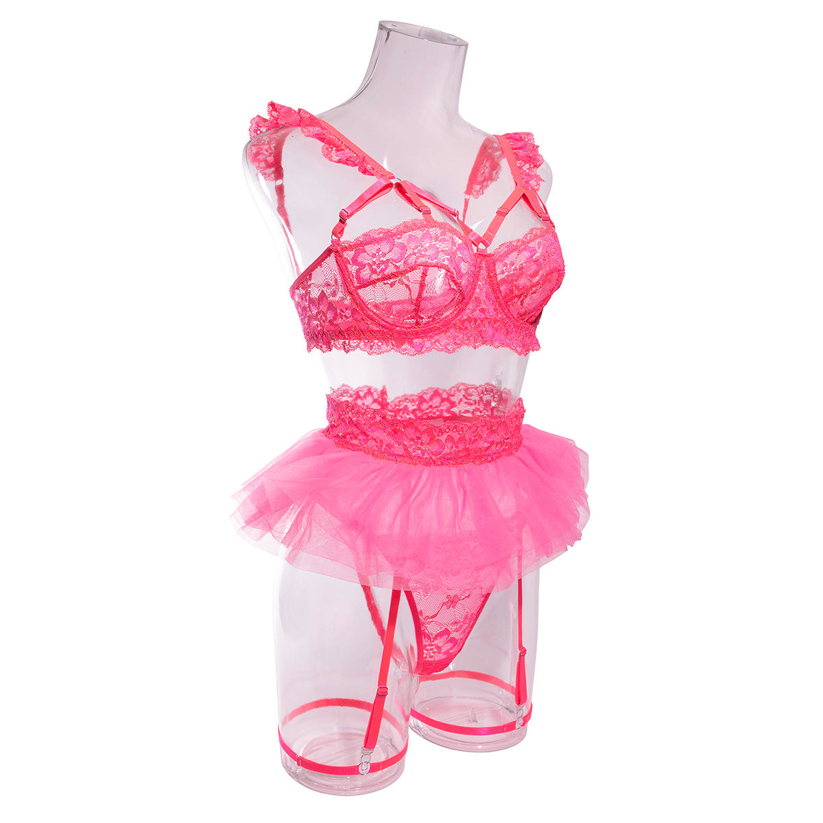 Wholesale Pink Floral Lace Underwire Lingerie Set Side View