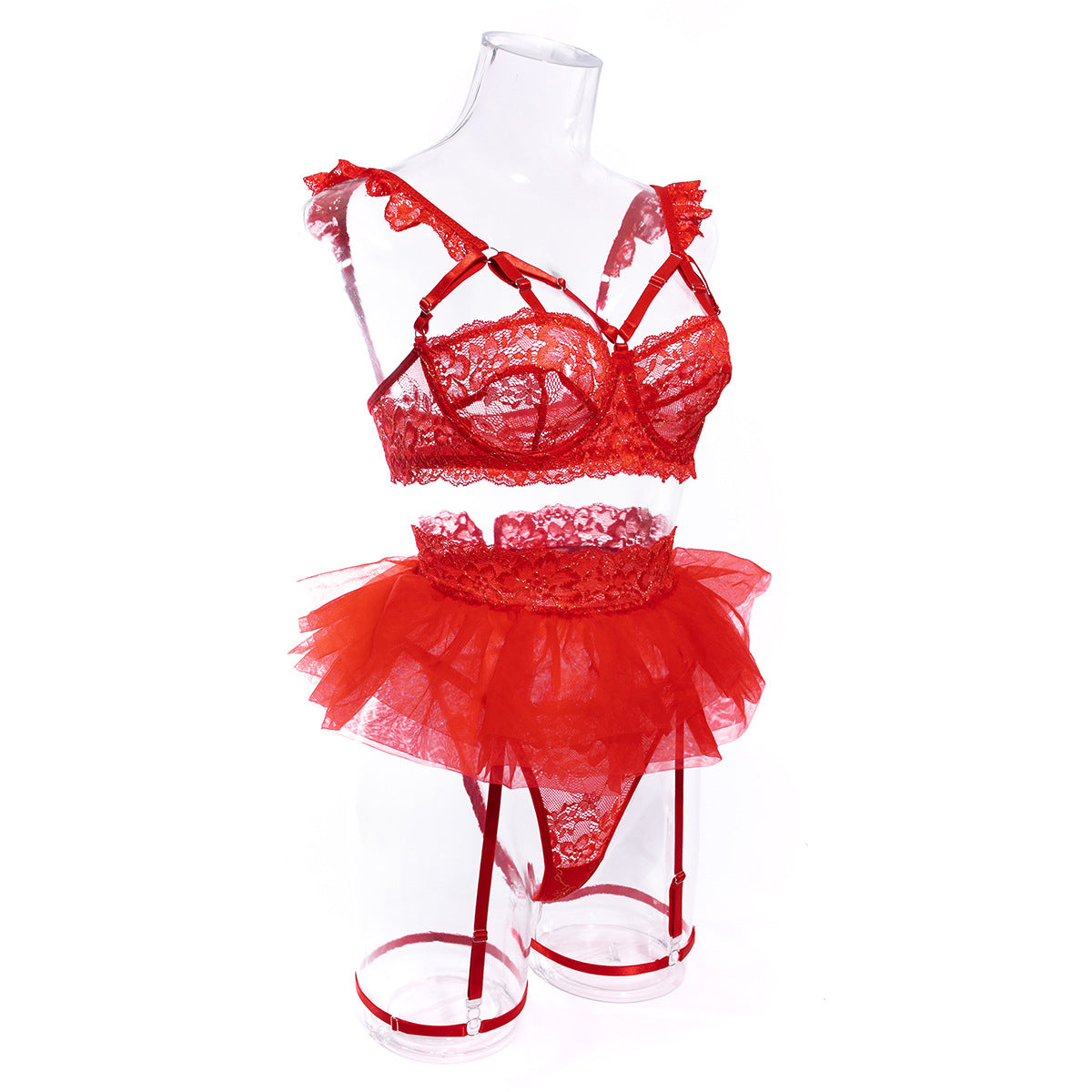 Wholesale Red Floral Lace Underwire Lingerie Set. Side Details